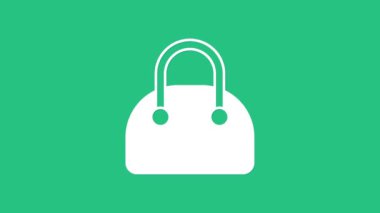 Yeşil arkaplanda beyaz çanta simgesi izole edildi. Kadın el çantası işareti. Glamour günlük bagaj sembolü. 4K Video hareketli grafik canlandırması.