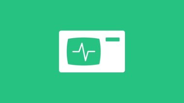 Yeşil zemin üzerinde kardiyogram simgesi olan beyaz bilgisayar monitörü izole edildi. Simge denetleniyor. Kalp atışı elle çizilmiş EKG monitörü. 4K Video hareketli grafik canlandırması.
