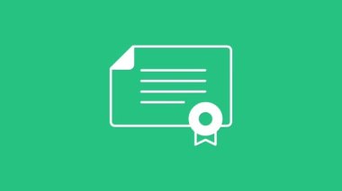 Beyaz Sertifika şablon simgesi yeşil arkaplanda izole edildi. Başarı, ödül, diploma, burs, diploma kavramları. 4K Video hareketli grafik canlandırması.