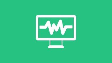 Yeşil zemin üzerinde kardiyogram simgesi olan beyaz bilgisayar monitörü izole edildi. Simge denetleniyor. Kalp atışı elle çizilmiş EKG monitörü. 4K Video hareketli grafik canlandırması.