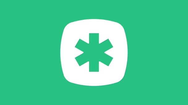 白色医疗符号的紧急之星图标孤立在绿色背景 4K视频运动图形动画 — 图库视频影像