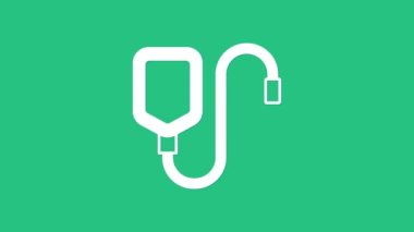 Yeşil arkaplanda beyaz serum torbası simgesi var. Kan torbası. Kan bağışı konsepti. Tedavi ve terapi kavramı, kemoterapi. 4K Video hareketli grafik canlandırması.