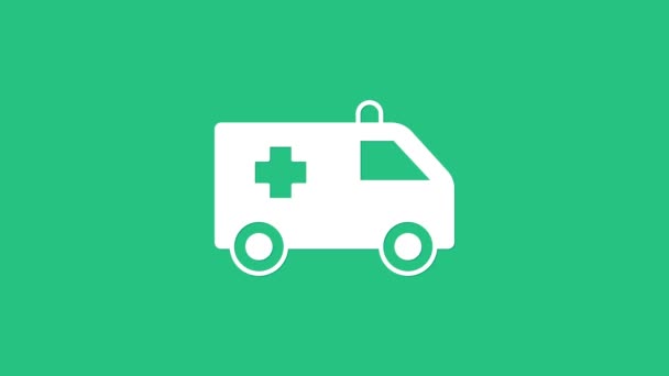 緑の背景に隔離されたホワイト救急車と緊急車のアイコン 救急車医療避難 4Kビデオモーショングラフィックアニメーション — ストック動画