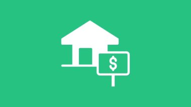 Yeşil arka planda dolar sembolü olan Beyaz Saray. Ev ve para. Emlak konsepti. 4K Video hareketli grafik canlandırması.