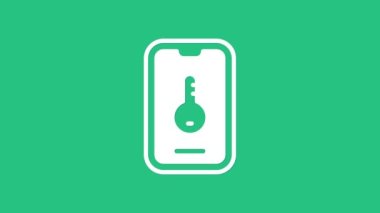 Akıllı telefon ikonundaki White Online emlak evi yeşil arka planda izole edilmiş. Ev kredisi konsepti, kira, satın alma, mülk alma. 4K Video hareketli grafik canlandırması.