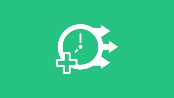 白色时钟图标隔离在绿色背景 时间的象征 4K视频运动图形动画 — 图库视频影像