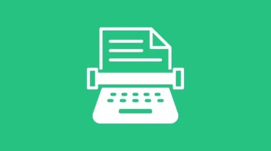 Beyaz Retro daktilo ve kağıt sayfa simgesi yeşil arka planda izole edildi. 4K Video hareketli grafik canlandırması.