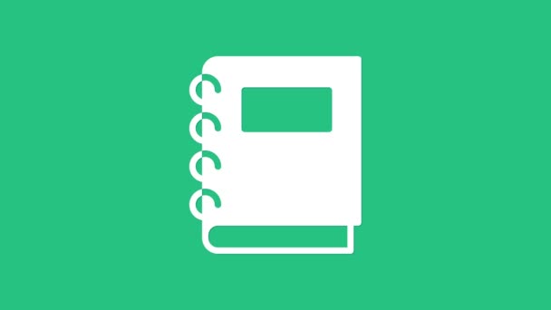 緑色の背景に隔離されたホワイトノートブックアイコン スパイラルノートパッドのアイコン 学校のノートだ パッドを書く 学校の日記 4Kビデオモーショングラフィックアニメーション — ストック動画