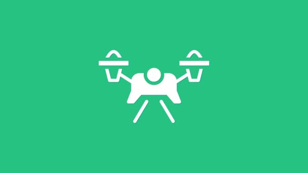 白色无人机的飞行图标被绿色背景隔离 带视频和照相相机符号的四合彩机 4K视频运动图形动画 — 图库视频影像