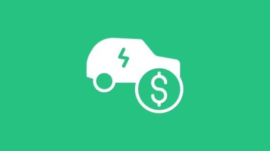 Beyaz Elektrikli araba fiyat simgesi yeşil arka planda izole edildi. Elektrikli otomobil endüstrisi büyüme konsepti. Elektrikli araba satışı konsepti. 4K Video hareketli grafik canlandırması.