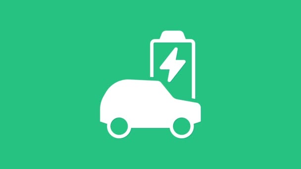 Белый Электромобиль Иконка Зарядки Электрического Кабеля Выделены Зеленом Фоне Возобновляемые — стоковое видео