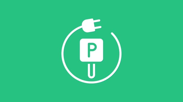 Vit Laddning Parkering Elbil Ikon Isolerad Grön Bakgrund Video Motion — Stockvideo
