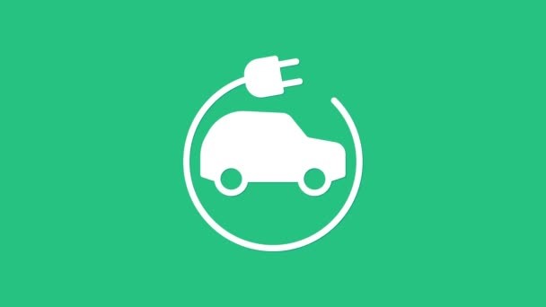 Білий Електромобіль Електричний Кабель Заряджання Ікони Ізольовані Зеленому Фоні Відновлювані — стокове відео