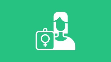 Beyaz kadın hareketi, yeşil arka planda izole edilmiş pankart ikonlu feminist aktivist. Feminist hakları hareketi, feminizm kardeşliği. 4K Video hareketli grafik canlandırması.