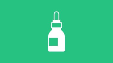 Yeşil arka planda beyaz sakal ve bıyıklı yağ şişesi ikonu var. Pipetli cam şişe. 4K Video hareketli grafik canlandırması.