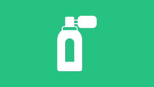 緑色の背景にアトマイザーアイコンが分離されたホワイトアフターシェービングボトル ケルンスプレーアイコン 男性香水瓶 4Kビデオモーショングラフィックアニメーション — ストック動画