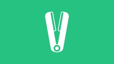 Yeşil arka planda izole edilmiş saç ikonu için beyaz saç maşası. Saç düzleştirici ikonu. 4K Video hareketli grafik canlandırması.