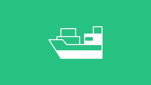 Bílá Nákladní Loď Krabicemi Dodávka Služby Ikona Izolované Zeleném Pozadí — Stock video