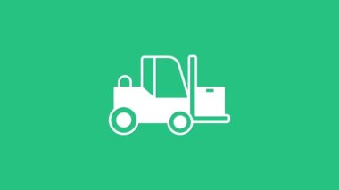 Beyaz forklift ikonu yeşil arka planda izole edildi. Çatal doldurucu ve karton kutu. Kargo teslimatı, nakliye, ulaşım. 4K Video hareketli grafik canlandırması.