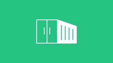 Yeşil arkaplanda beyaz konteyner simgesi izole edildi. Crane içinde kargo olan bir konteynırı kaldırıyor. 4K Video hareketli grafik canlandırması.