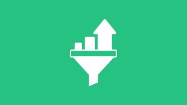 Ak Satış hunisi, yeşil arka planda izole edilmiş pazarlama ve girişim simgesi grafiği ile birlikte. Bilgi şablonu. 4K Video hareketli grafik canlandırması.