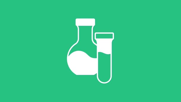 緑色の背景に隔離された白い試験管とフラスコ化学実験室のテストアイコン 研究室のガラス製品のサイン 4Kビデオモーショングラフィックアニメーション — ストック動画