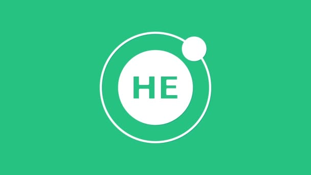 緑色の背景に単離されたホワイトヘリウム化学元素アイコン ヘリウム周期表元素化学記号 4Kビデオモーショングラフィックアニメーション — ストック動画