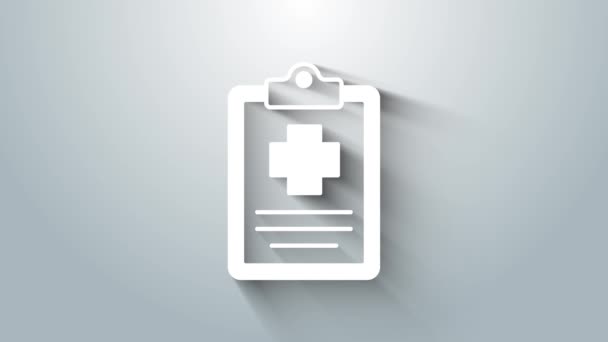 Λευκό Ιατρικό Πρόχειρο Κλινικό Εικονίδιο Καταγραφής Που Απομονώνεται Γκρι Φόντο — Αρχείο Βίντεο