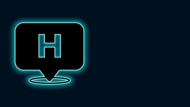 Siyah arkaplanda hastane simgesi olan parıldayan neon hattı tıbbi harita işaretçisi. 4K Video hareketli grafik canlandırması.