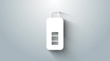 Tıbbi muayene ikonu için beyaz tıbbi termometre gri arka planda izole edildi. 4K Video hareketli grafik canlandırması.