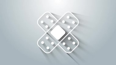 Gri arkaplanda beyaz çapraz bandaj alçı ikonu izole edildi. Tıbbi alçı, yapıştırıcı bandaj, esnek kumaş bandajı. 4K Video hareketli grafik canlandırması.