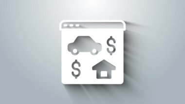 Tarayıcı simgesindeki White Online emlak evi gri arka planda izole edilmiş. Ev kredisi konsepti, kira, satın alma, mülk alma. 4K Video hareketli grafik canlandırması.