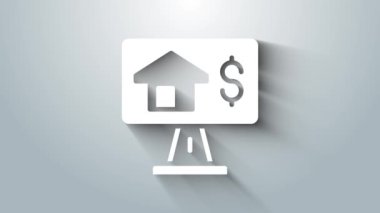 Tarayıcı simgesindeki White Online emlak evi gri arka planda izole edilmiş. Ev kredisi konsepti, kira, satın alma, mülk alma. 4K Video hareketli grafik canlandırması.