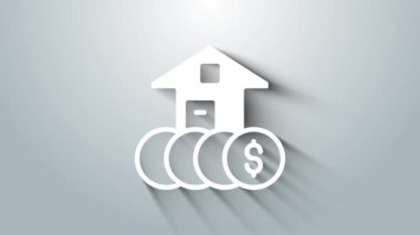 Gri arka planda dolar sembolü olan Beyaz Saray. Ev ve para. Emlak konsepti. 4K Video hareketli grafik canlandırması.