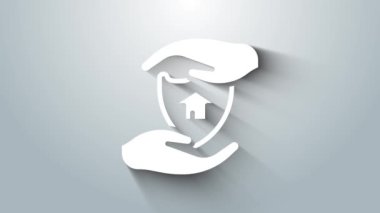 Beyaz Saray 'ın gri arka planında bir kalkan ikonu var. Sigorta konsepti. Güvenlik, güvenlik, koruma, konsept koruma. 4K Video hareketli grafik canlandırması.