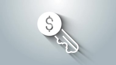 Beyaz Kira anahtar simgesi gri arkaplanda izole edildi. Ev anahtarının konsepti. 4K Video hareketli grafik canlandırması.