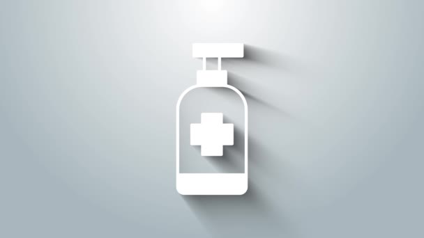 Weiße Flasche Flüssige Antibakterielle Seife Mit Spendersymbol Auf Grauem Hintergrund — Stockvideo