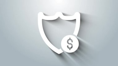 Gri arkaplanda dolar sembolü olan Beyaz Kalkan. Güvenlik kalkanı koruması. Para güvenliği konsepti. 4K Video hareketli grafik canlandırması.