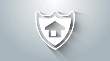 Beyaz Saray 'ın gri arka planında bir kalkan ikonu var. Sigorta konsepti. Güvenlik, güvenlik, koruma, konsept koruma. 4K Video hareketli grafik canlandırması.