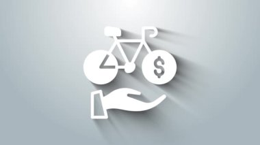 Gri arkaplanda beyaz bisiklet kiralama mobil uygulama simgesi izole edildi. Şehirde bisiklet kiralamak için iyi bir servis. Paylaşım sistemi için mobil uygulama. 4K Video hareketli grafik canlandırması.