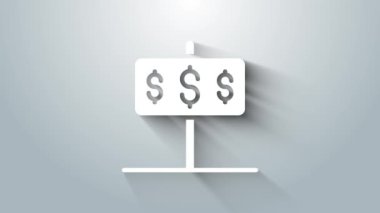 Gri arka planda dolar sembolü olan Beyaz Saray. Ev ve para. Emlak konsepti. 4K Video hareketli grafik canlandırması.