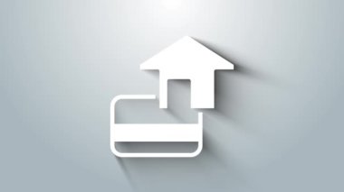 Gri arkaplanda beyaz kredi kartı simgesi izole edildi. Çevrimiçi ödeme. Nakit çekilmesi. Finansal operasyonlar. Alışveriş tabelası. 4K Video hareketli grafik canlandırması.