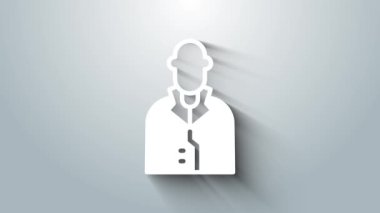 Beyaz emlakçı simgesi gri arkaplanda izole edildi. Ev almak. 4K Video hareketli grafik canlandırması.