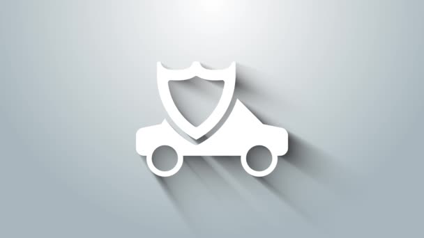 Білий Автомобіль Іконою Щита Ізольований Сірому Фоні Концепція Страхування Безпека — стокове відео