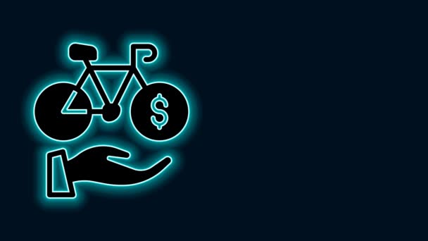 Сяюча Неонова Лінія Прокат Велосипедів Піктограма Мобільного Додатку Ізольована Чорному — стокове відео