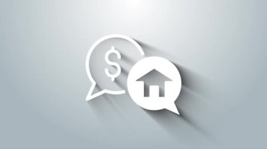 Beyaz emlak işi konsepti, gri arka planda izole edilmiş konuşma baloncukları ikonu. 4K Video hareketli grafik canlandırması.