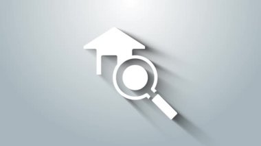 Beyaz Arama Evi simgesi gri arkaplanda izole edildi. Büyüteç altındaki bir evin emlak sembolü. 4K Video hareketli grafik canlandırması.