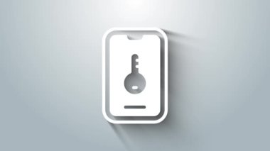 Akıllı telefon ikonundaki White Online emlak evi gri arka planda izole edilmiş. Ev kredisi konsepti, kira, satın alma, mülk alma. 4K Video hareketli grafik canlandırması.