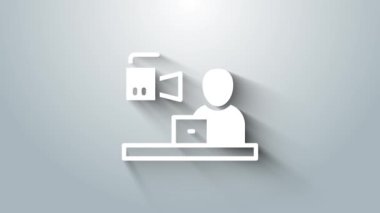 Beyaz Haber simgesi gri arkaplanda izole edildi. Televizyonda haberler. Haber spikeri yayın yapıyor. Kitlesel medya. Akşam haberleri. 4K Video hareketli grafik canlandırması.