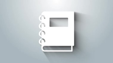 Gri arkaplanda beyaz defter simgesi izole edildi. Spiral not defteri simgesi. Okul defteri. Yazı tahtası. Okul günlüğü. 4K Video hareketli grafik canlandırması.